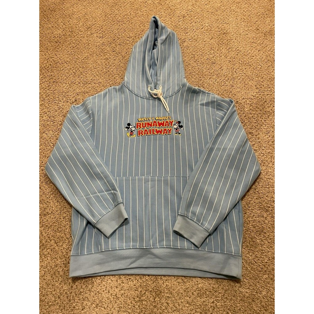 Disney Mickey & Minnie's Runaway Railway Blue Striped Pullover Hoodie L NWT